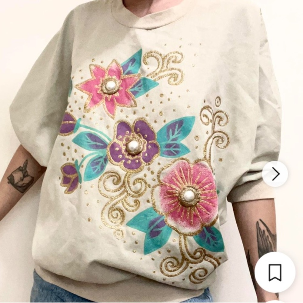 VTG 80’s Pearl Studs Floral Embroidered Cotton Top Puffed Sleeve M